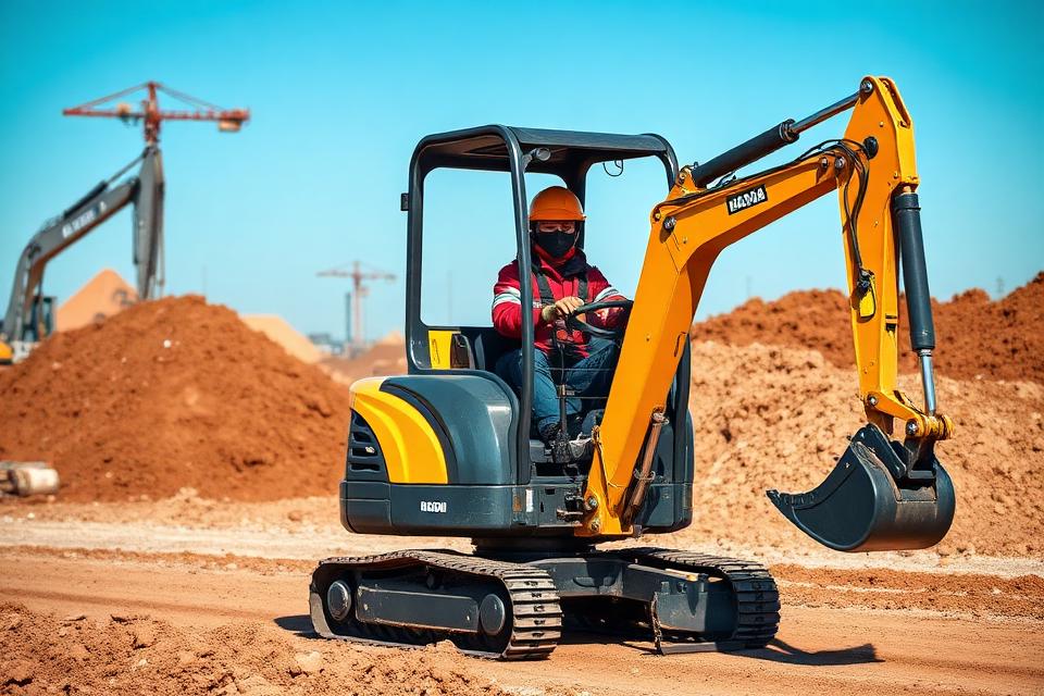 Conducteur de mini-pelle sur un chantier de terrassement