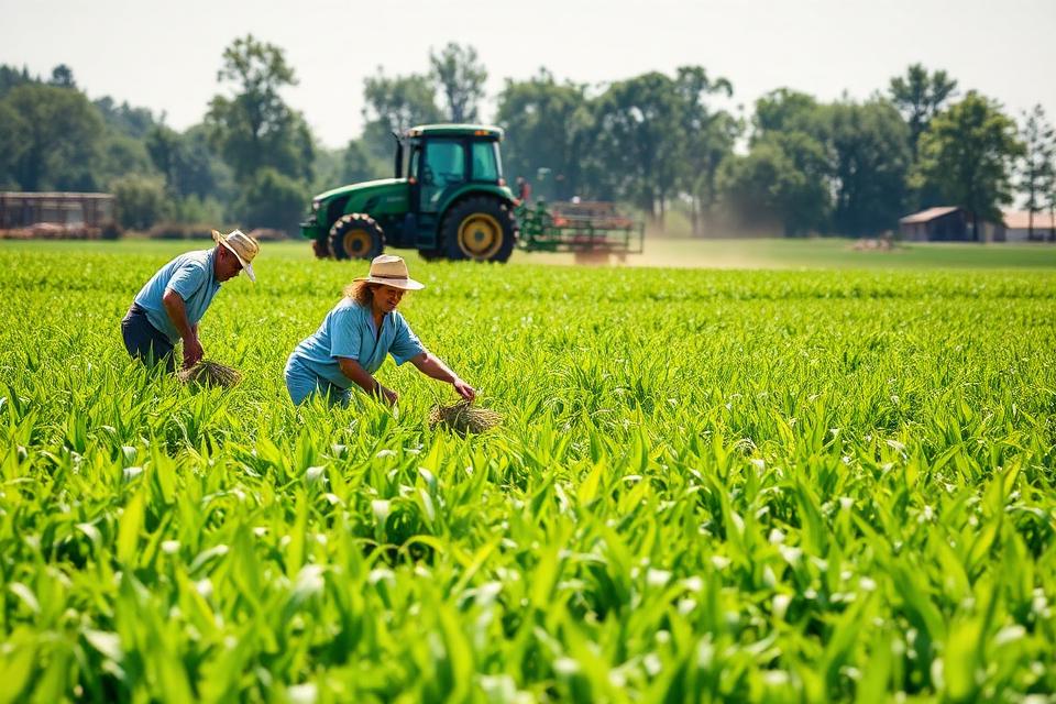 Ouvriers agricoles récoltant dans un champ avec un tracteur