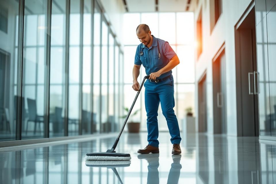 Agent de propreté lustrant le sol d'un immeuble de bureaux moderne