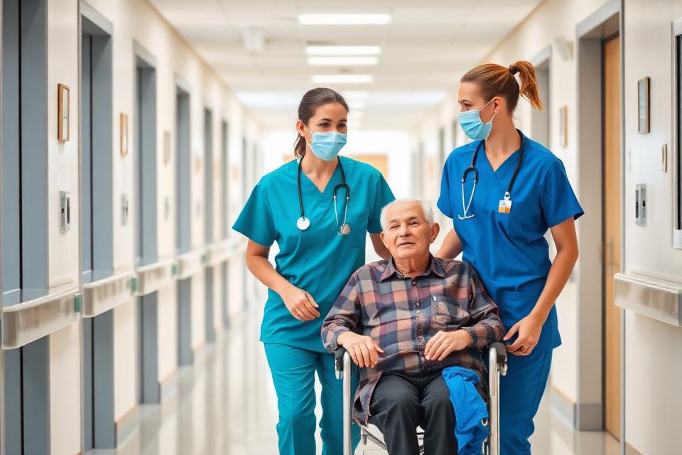 Infirmière et aide-soignante accompagnant un patient dans un couloir d'hôpital