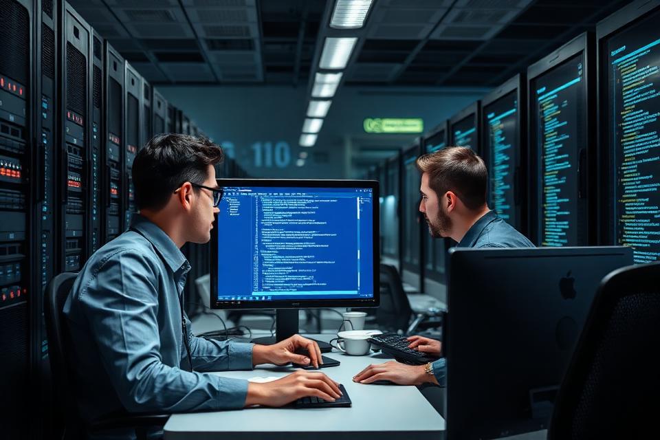 Techniciens informatiques travaillant sur des serveurs et du code