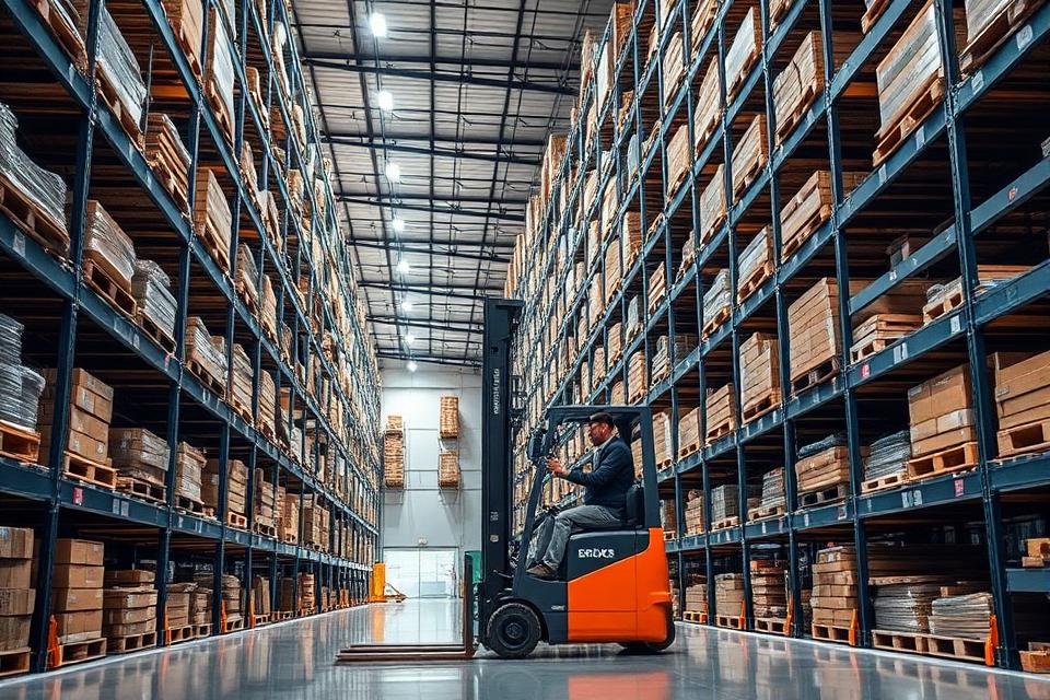 Cariste conduisant un chariot élévateur dans un entrepôt logistique