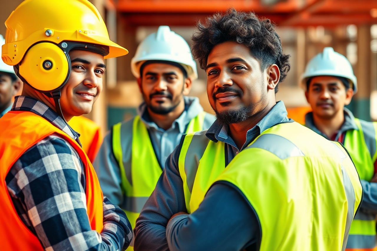 Ouvriers portant des EPI sur un chantier de construction