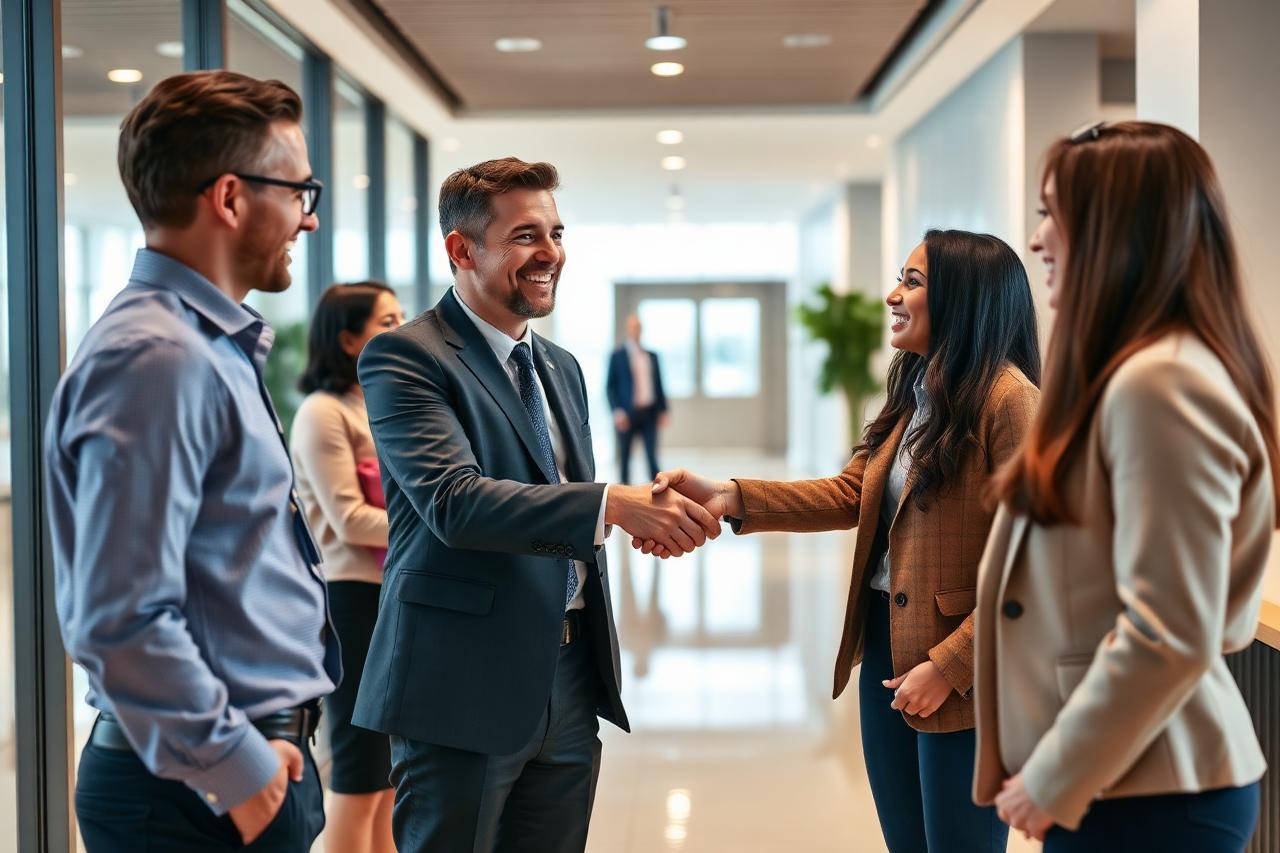 Recruteur accueillant un candidat en agence